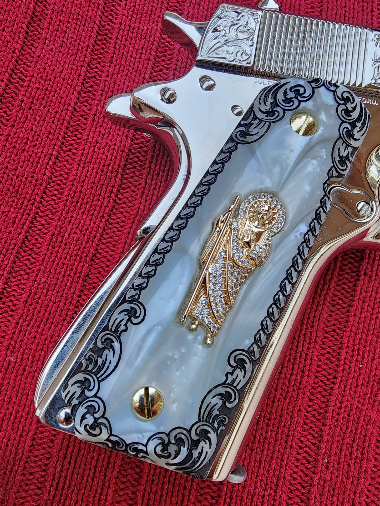 1911 White Pearlite Grips San Judas Scrolls Border cz stone inlay 24k Gold Plated 45 acp 38 Super
