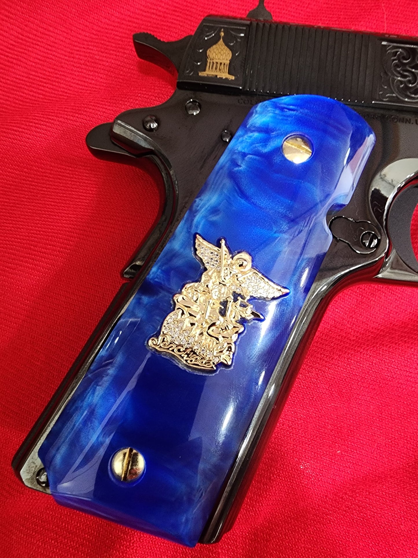 1911 Royal Blue Swirl Pearlite Grips Saint Michael Gold Plated with CZ stones – Government Model Full Size