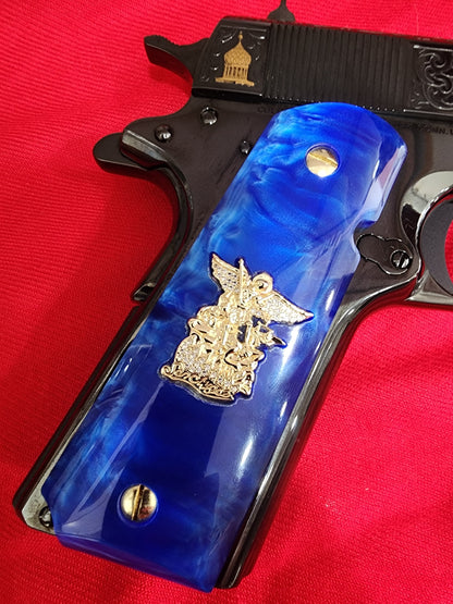 1911 Royal Blue Swirl Pearlite Grips Saint Michael Gold Plated with CZ stones – Government Model Full Size