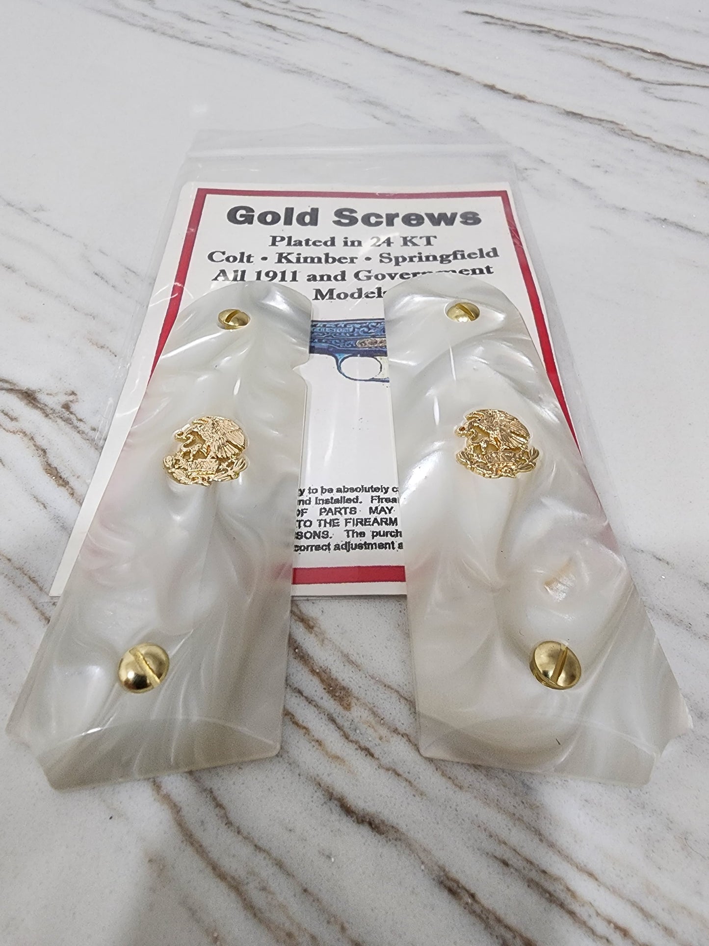 1911 Grips – White Pearl with 24k Gold Plated Mexican Eagle Emblems (24k Gold Screws)