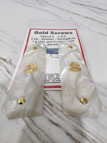1911 Grips – White Pearl with 24k Gold Plated Mexican Eagle Emblems (24k Gold Screws)