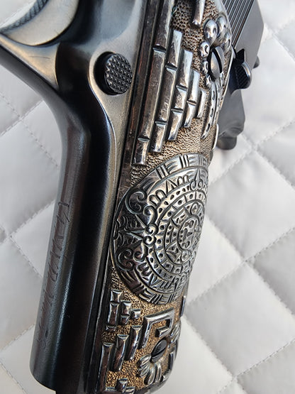 *EXTREMELY RARE*  Genuine 9.25 Sterling Silver 1911 Pistol Grips – Aztec Calendar Design – 106g – Handcrafted Luxury Silver Mexican Vintage Engraved