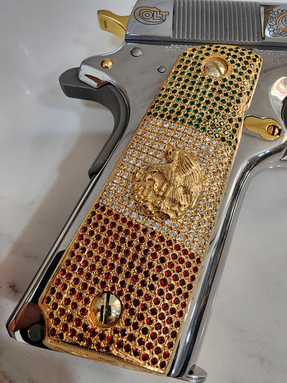 Mexican Flag 1911 Pistol Grips – CZ Stone   Inlay – Full-Size 1911