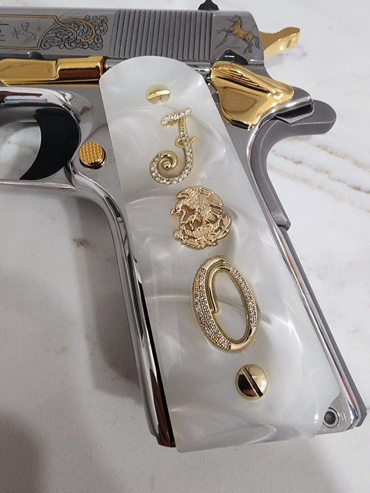 1911 White Pearlite Grips with Gold Plated Mexican Eagle, CZ Crystal “J” & “O” Initials – Fits Full Size Government & Commander 1911 .45 ACP / .38 Super