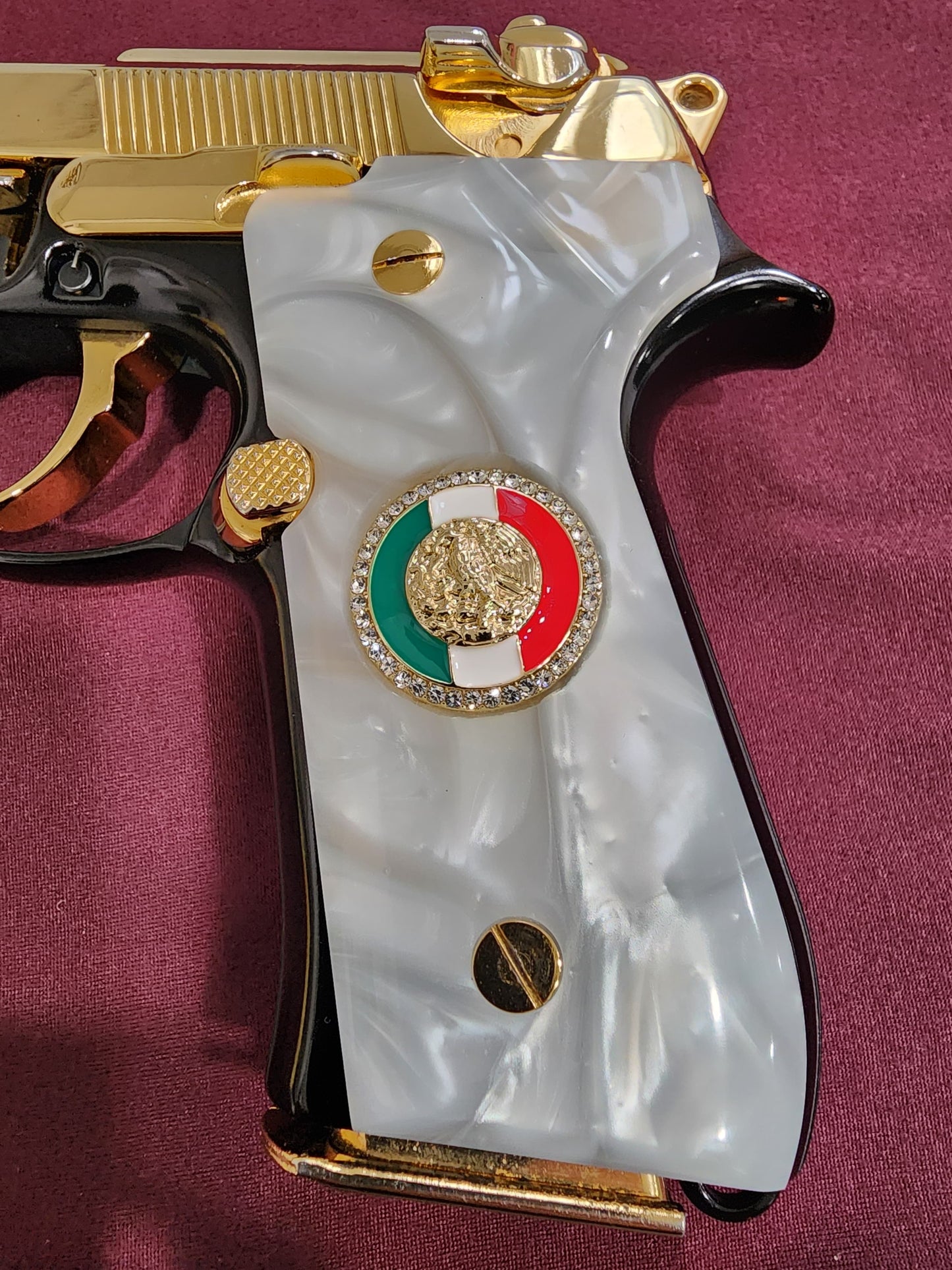 Beretta engraved Mexican Flag 24k Gold Plated Inlayed CZ stones Grips  White Pearl Grips 92 Fs 96 Fs M9