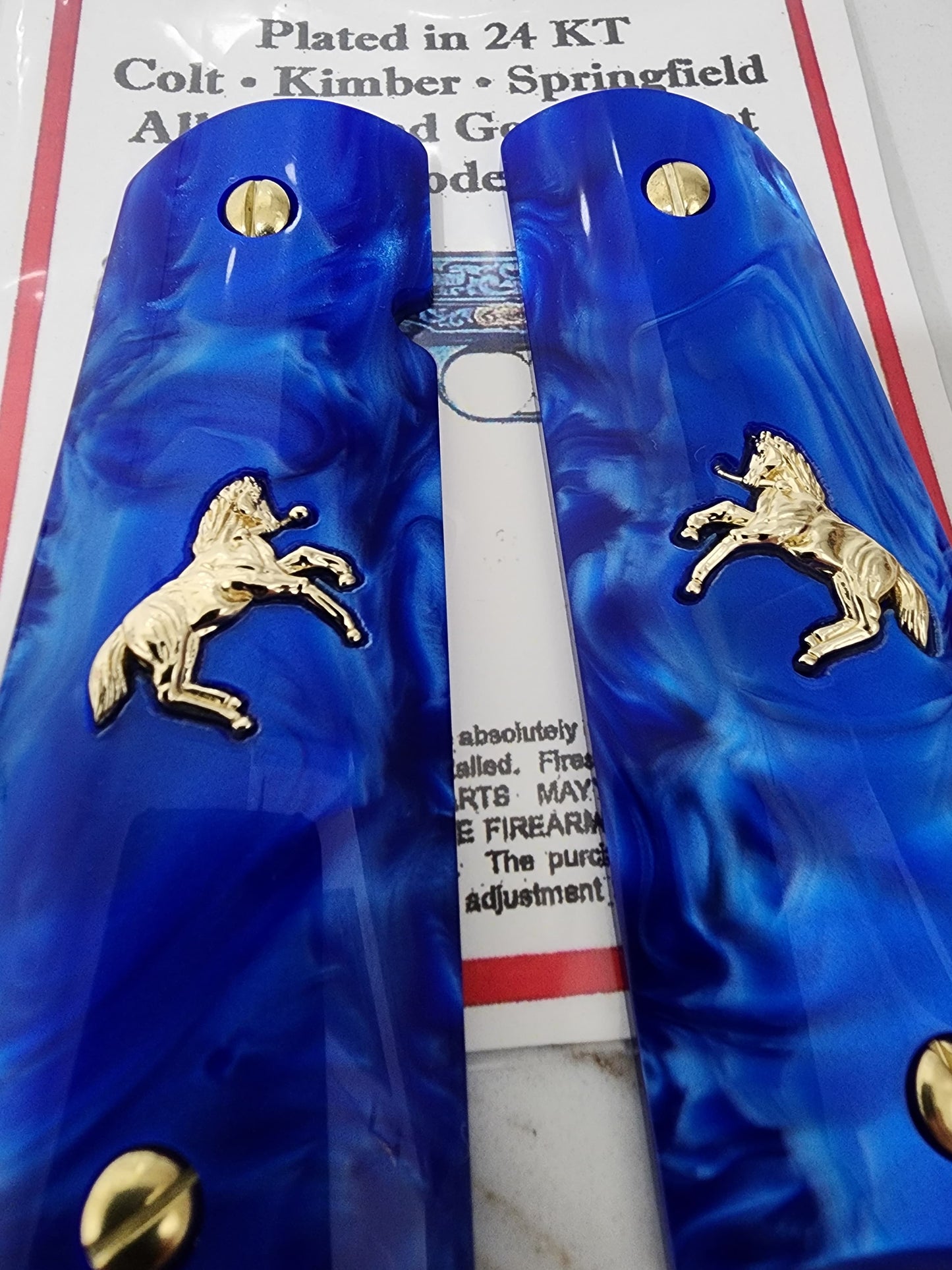 1911 Grips – Royal Swirl Blue Pearl with Rampart Horse Emblem (24k Gold Screws)