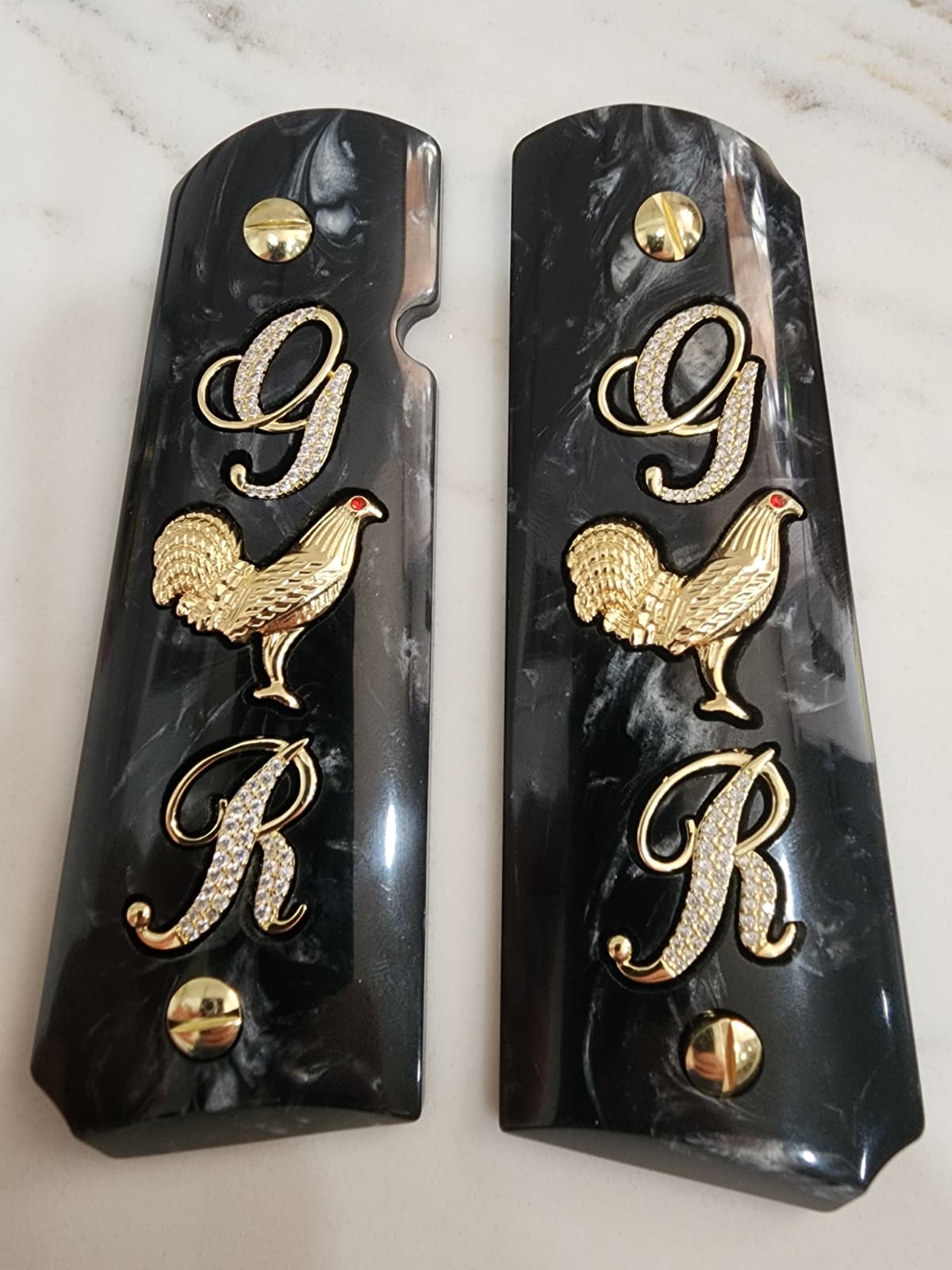 1911 "Rooster" “G” “R” 24k Gold Plated Inlayed CZ stones Grips  Black Pearl