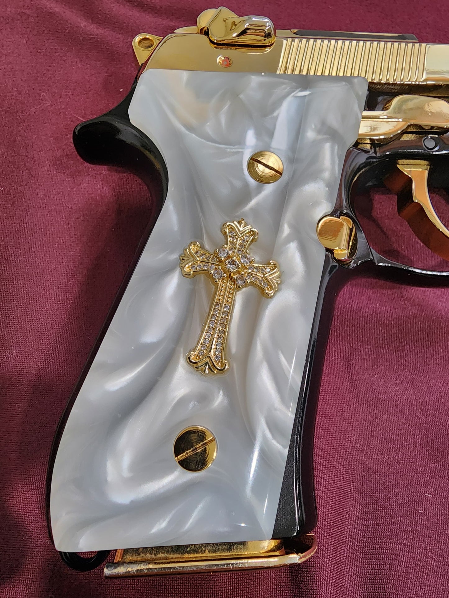 Beretta engraved Cross 24k Gold Plated Inlayed CZ stones Grips  White Pearl Grips 92 Fs 96 Fs M9