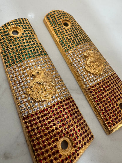 Mexican Flag 1911 Pistol Grips –  Moissanite   Inlay – Full-Size 1911