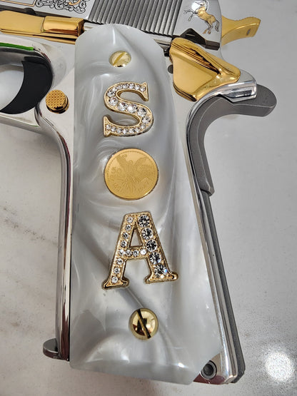 1911 “S” “Centenario” “A” 24k Gold Plated Inlayed CZ stones Grips Pearl