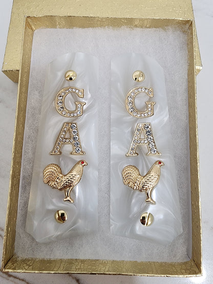 1911 "G” “Rooster” “A” 24k Gold Plated Inlayed CZ stones Grips Pearl