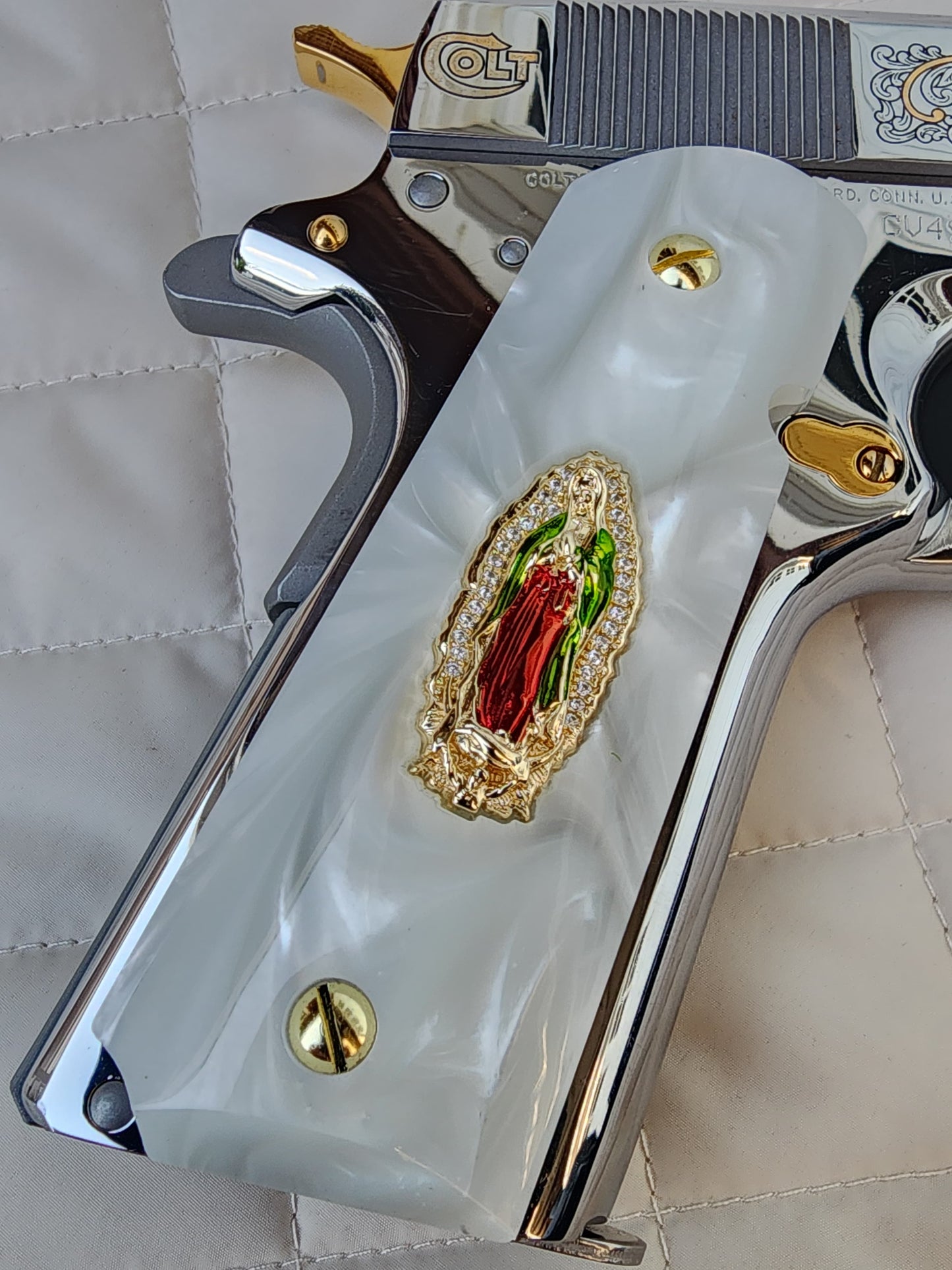 1911 Virgin De Guadalupe CZ-style crystal border 24k Gold Plated Inlayed Grips White Pearl Grips