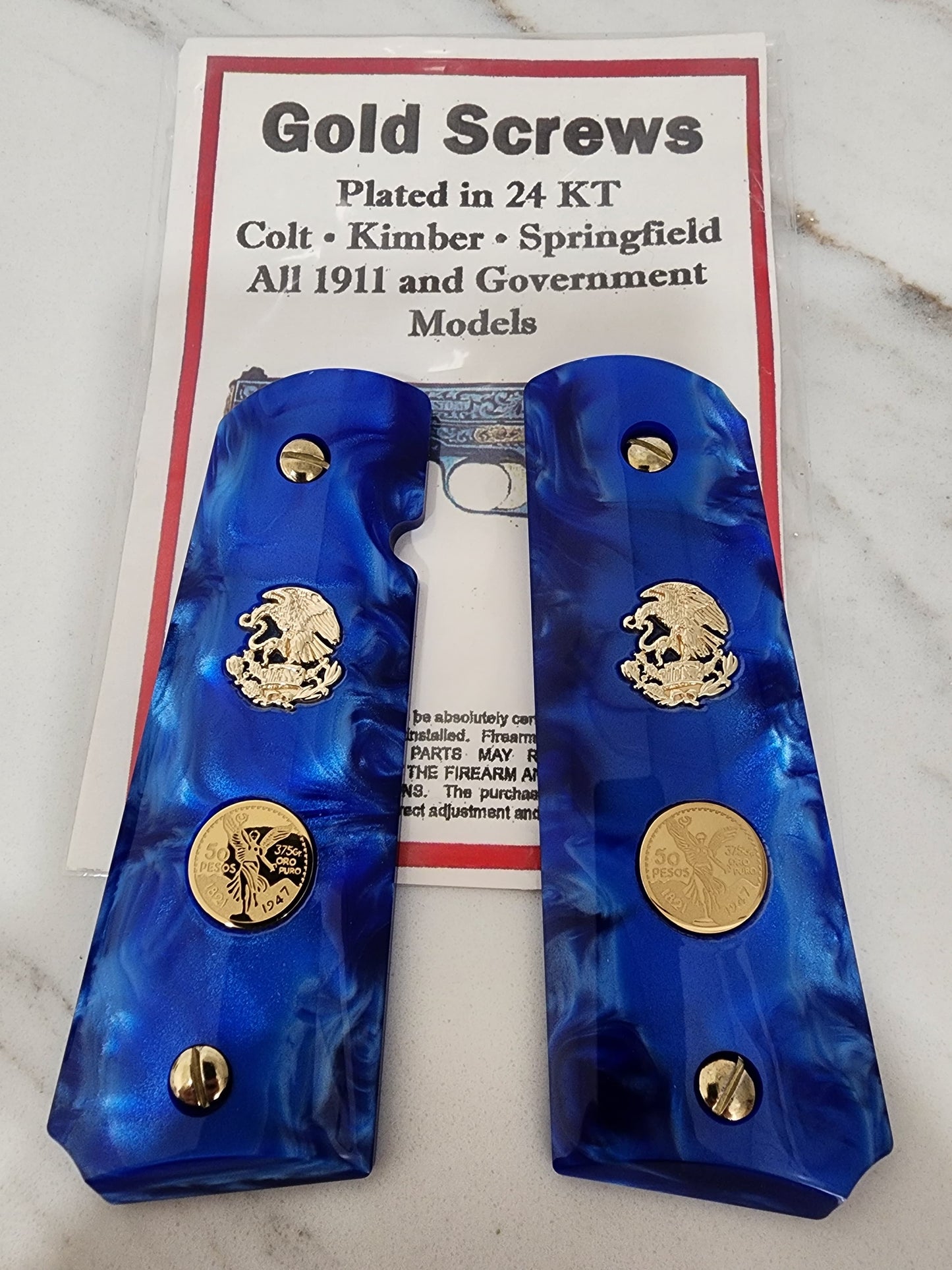 1911 Grips – Royal Swirl Blue Pearl with 24k Gold Plated Mexican Eagle and Mini Centenario Emblems (24k Gold Screws)
