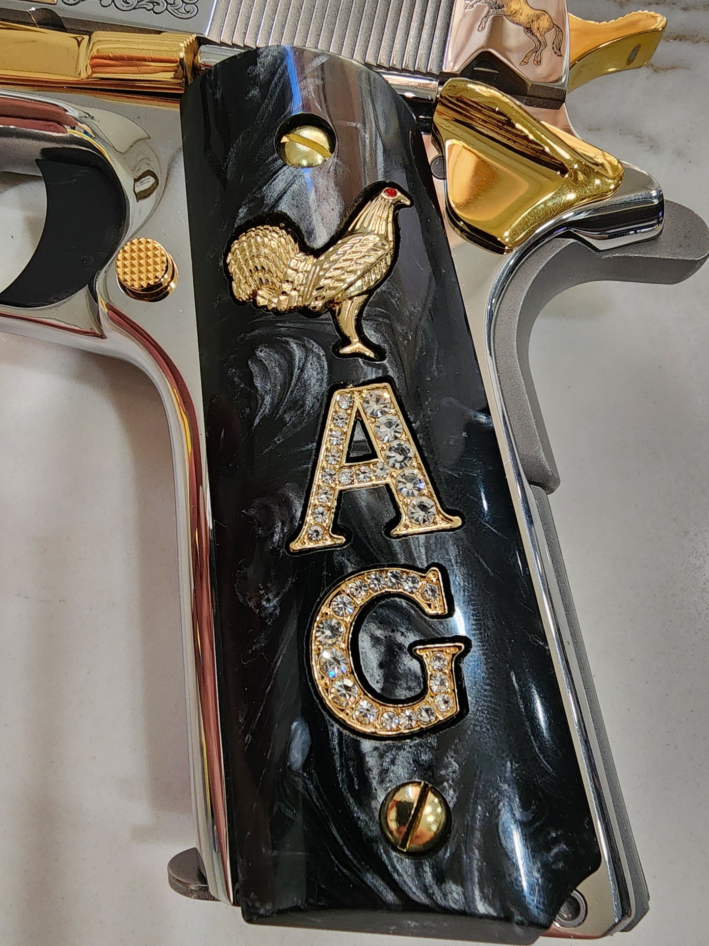 1911 "Rooster" “A” “G” 24k Gold Plated Inlayed CZ stones Grips  Black Pearl