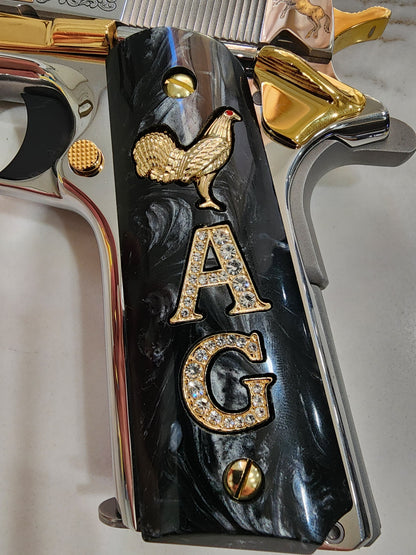1911 "Rooster" “A” “G” 24k Gold Plated Inlayed CZ stones Grips  Black Pearl