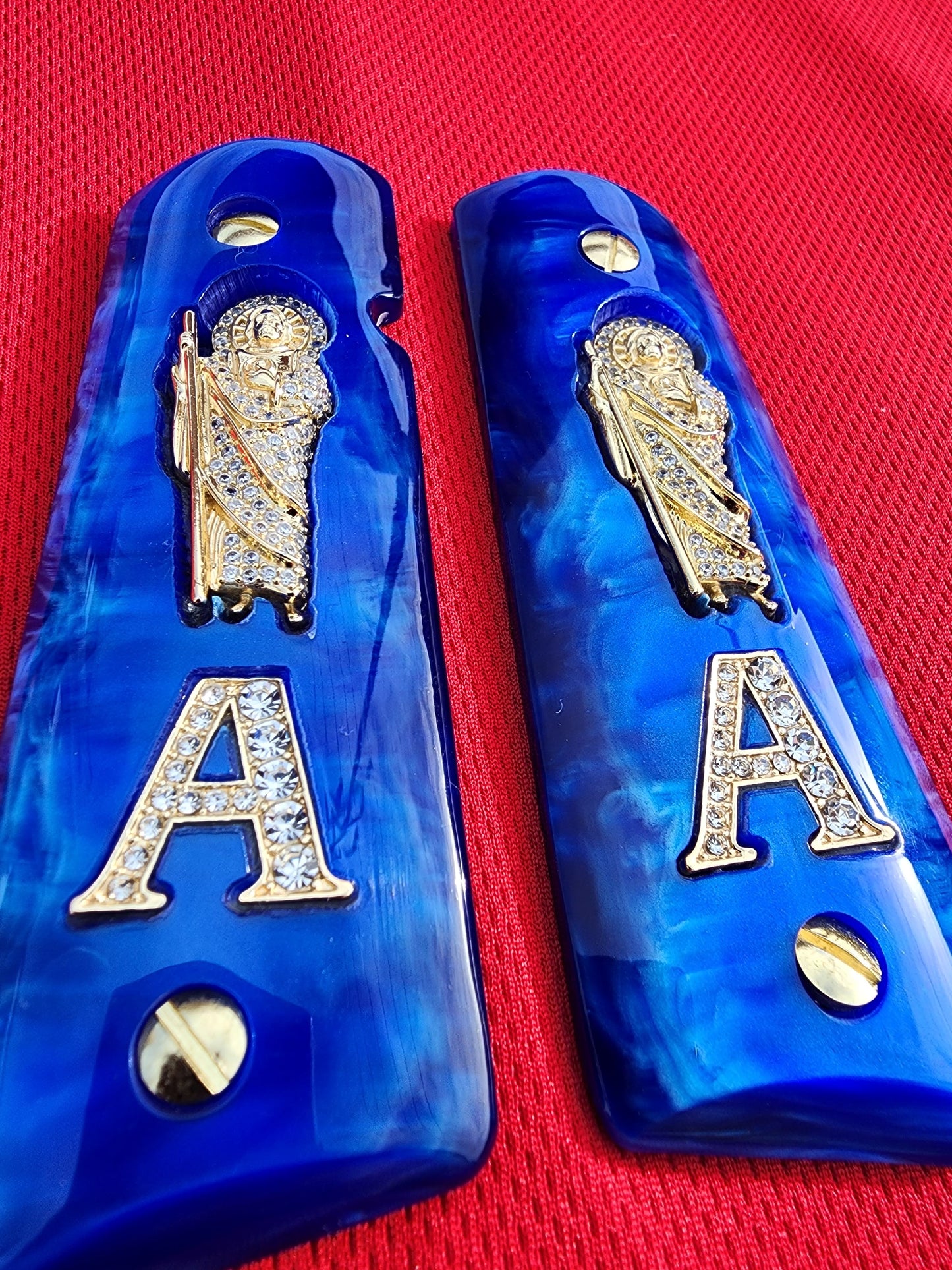 1911 Grips Royal Swirl Blue Pearlite with 24k Gold Plated San Judas and A letter (Gold Plated Screws)
