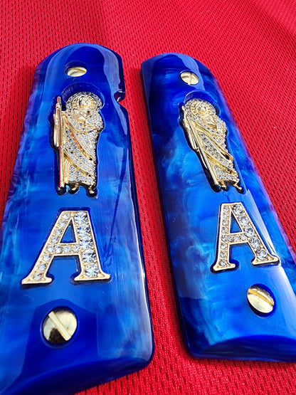 1911 Grips Royal Swirl Blue Pearlite with 24k Gold Plated San Judas and A letter (Gold Plated Screws)