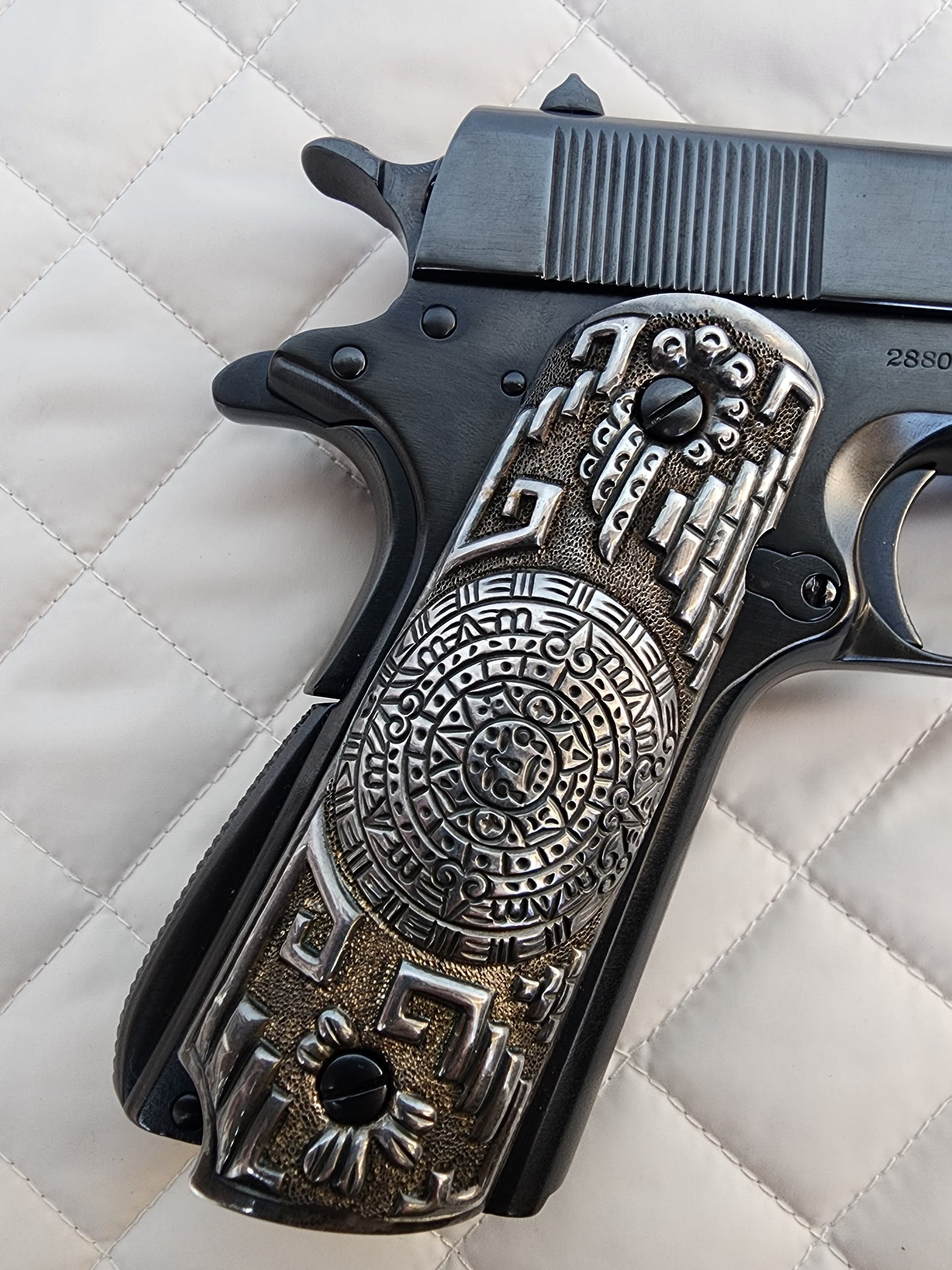 *EXTREMELY RARE*  Genuine 9.25 Sterling Silver 1911 Pistol Grips – Aztec Calendar Design – 106g – Handcrafted Luxury Silver Mexican Vintage Engraved