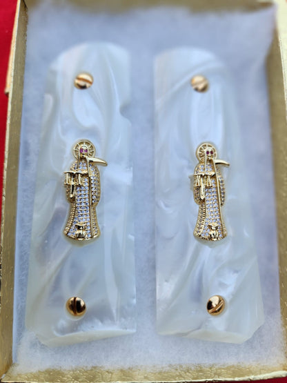 1911 Santa Muerte Design with CZ stones with 24K Gold Plated Screws White Pearlite Grips