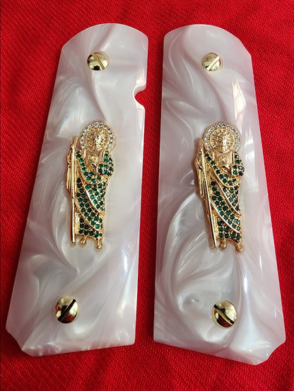 1911 Pearl Grips San Judas cz stone inlay 24k Gold Plated 45 acp 38 Super