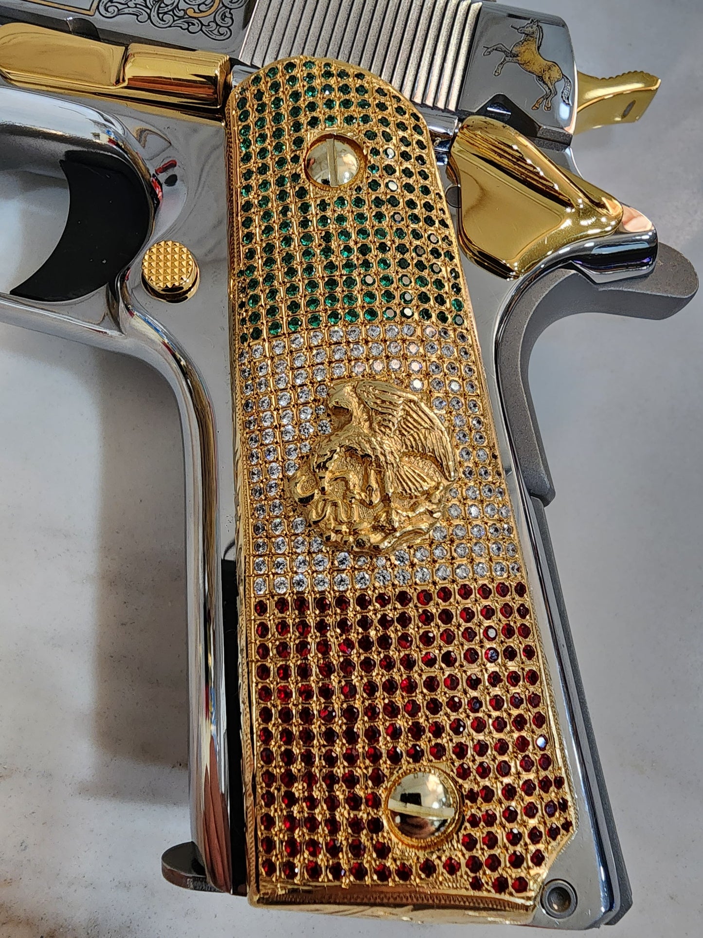 Mexican Flag 1911 Pistol Grips – CZ Stone   Inlay – Full-Size 1911