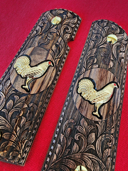 Custom 1911 Full Size Walnut Wood Grips – Scroll Engraving with Gold Plated 24k Rooster Inlay  – Government & Commander Compatible