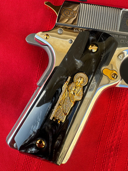 1911 San Judas Inlays with CZ Stones & 24K Gold Plated Screws Black Pearlite Grips