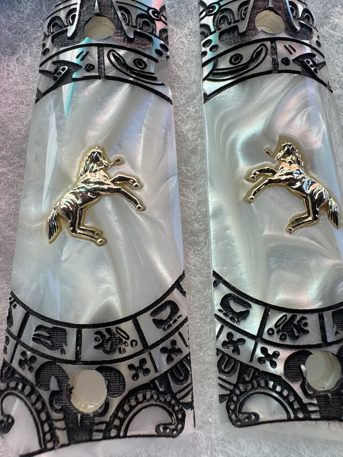 1911 Colt Gold Plated Horse Grips Pearlite with Aztec Motif Engraving (.45 ACP / .38 Super)