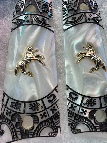 1911 Colt Gold Plated Horse Grips Pearlite with Aztec Motif Engraving (.45 ACP / .38 Super)