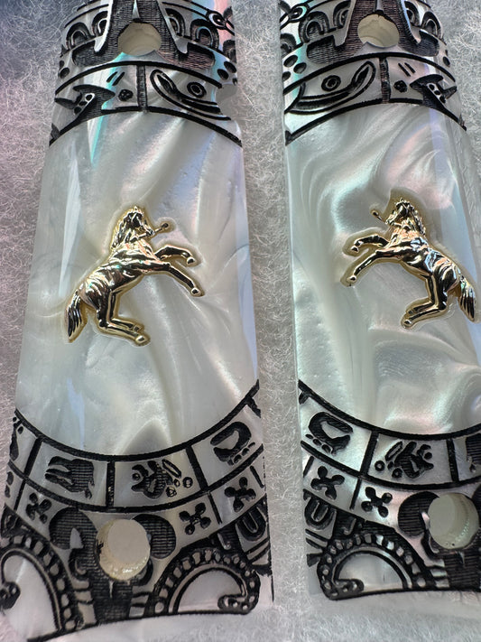 1911 Colt Gold Plated Horse Grips Pearlite with Aztec Motif Engraving (.45 ACP / .38 Super)