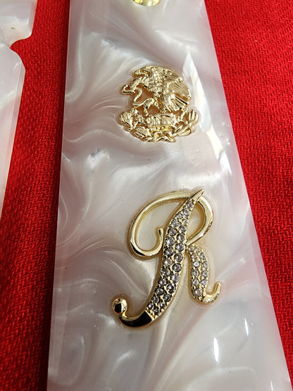 1911 White Pearlite Grips – Custom “R” Letter with Gold Mexican Eagle Inlay 38 super 45 caliber.
