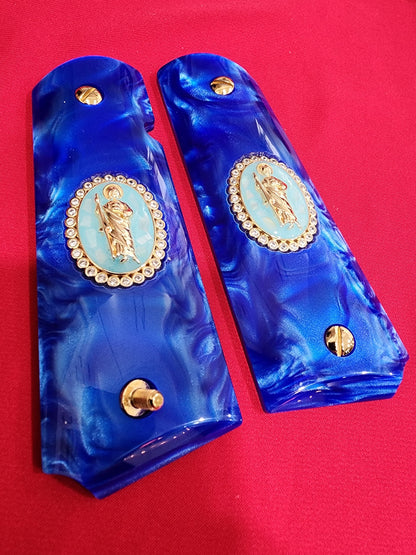 1911 Royal Blue Swirl Pearlite Grip – San Judas Gold Oval Plated with CZ stones border – Government Model
