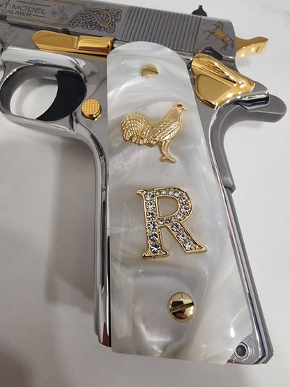 1911 White Pearlite Grips with Gold Plated Rooster, CZ Crystal “R” Letter, Gold Screws – Fits Full Size Government & Commander 1911 (.45 ACP / .38 Super)