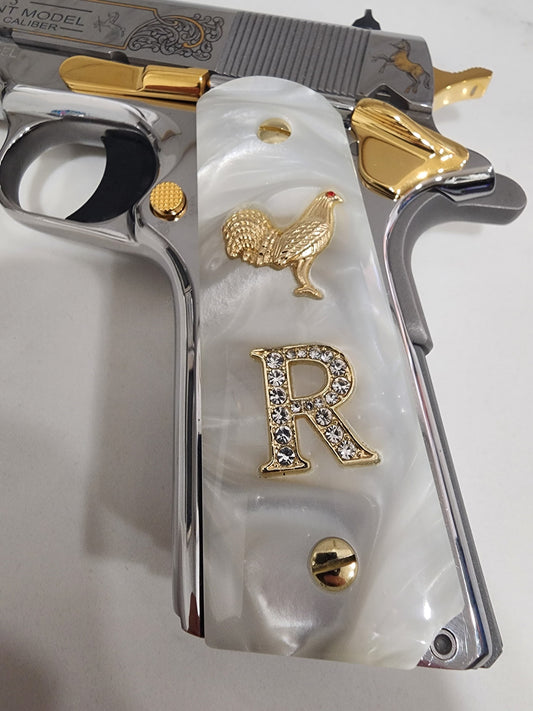 1911 White Pearlite Grips with Gold Plated Rooster, CZ Crystal “R” Letter, Gold Screws – Fits Full Size Government & Commander 1911 (.45 ACP / .38 Super)