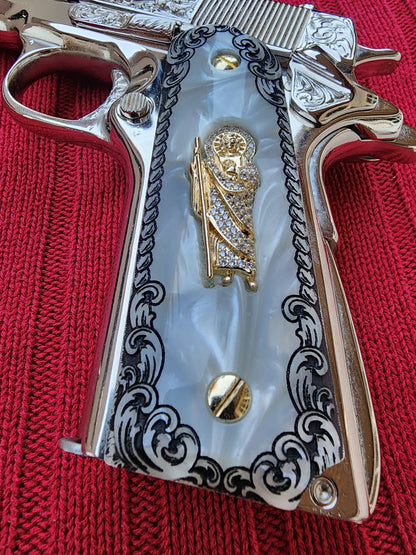 1911 White Pearlite Grips San Judas Scrolls Border cz stone inlay 24k Gold Plated 45 acp 38 Super
