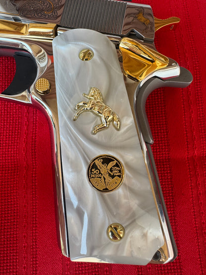 1911 Horse / Mini-scale Gold Fill Centenario coin 24k Grips White Pearl Grips