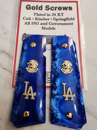 1911 Grips Royal Swirl Blue Pearl with LA Emblem & Mexican Eagle (24k Gold Screws)