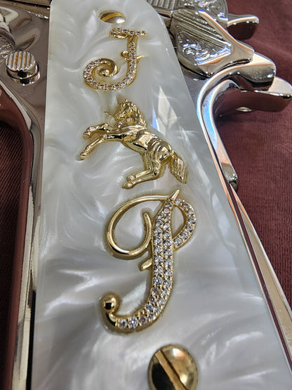 1911 White Pearlite Rampant Horse Gold Plated & Crystal “J & P” Grips – Custom Grips Inlays with 24K Gold Plated Screws