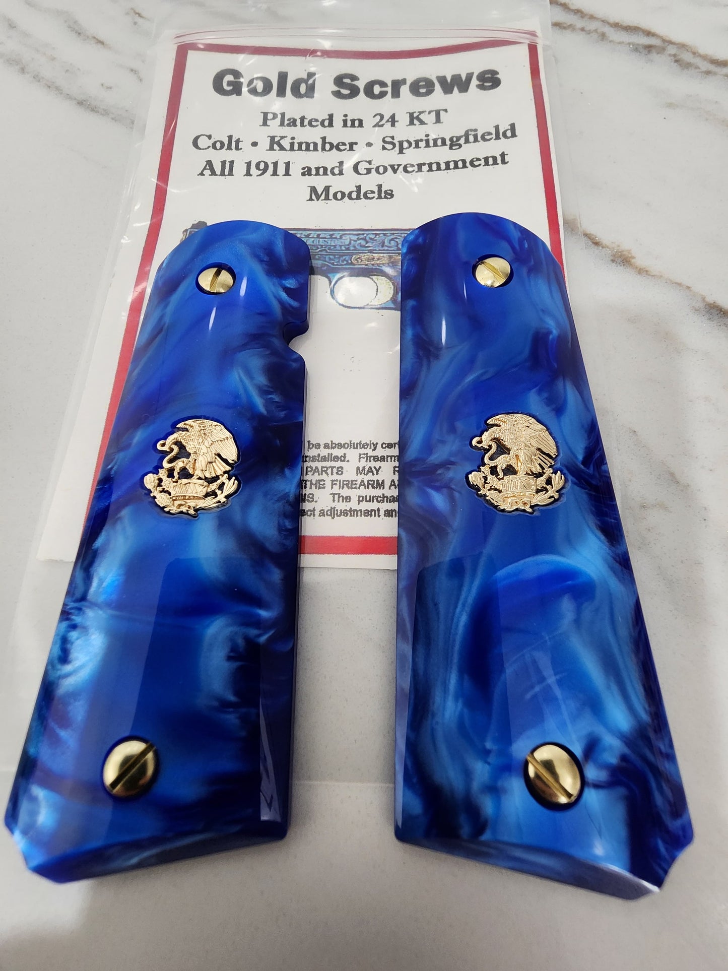 1911 Grips – Royal Swirl Blue Pearl with 24k Gold Plated Mexican Eagle Emblems (24k Gold Screws)