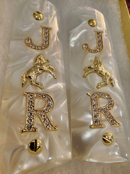1911 White Pearlite Grips Gold plated “J” Rampant Horse “R” Inlays with 24K Gold Plated Screws