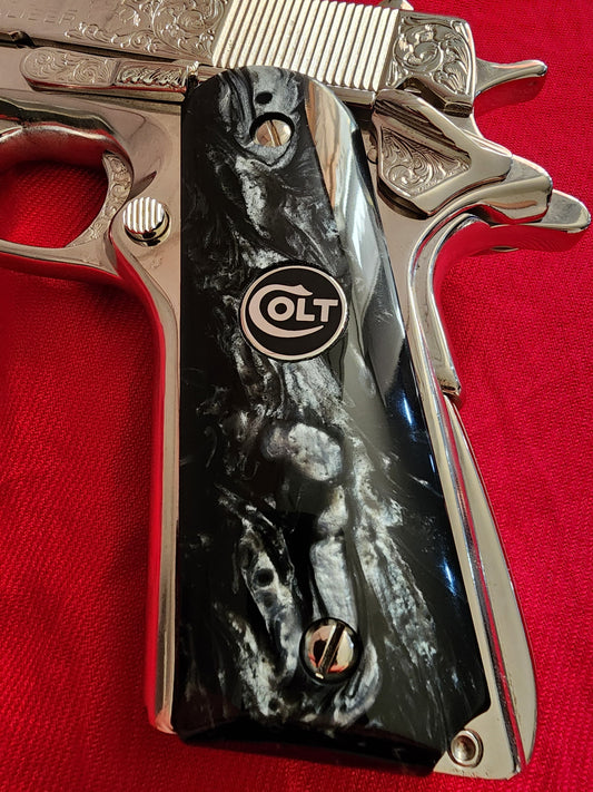 Colt 1911 Black Pearlite Grips Silver Medallion Inlay