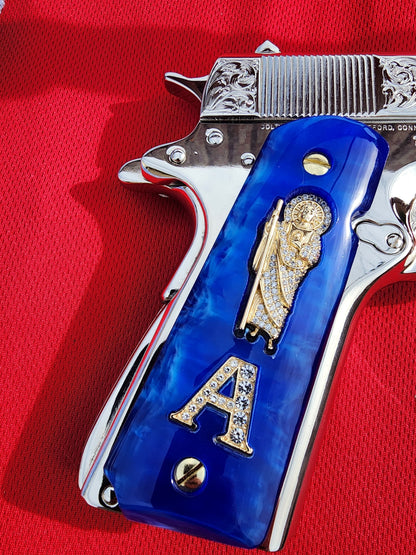 1911 Grips Royal Swirl Blue Pearlite with 24k Gold Plated San Judas and A letter (Gold Plated Screws)