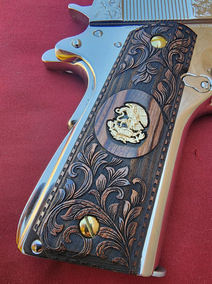 Custom Engraved 1911 Pistol Grips Mexican Eagle Medallion Walnut Wood Gold Plated Screws