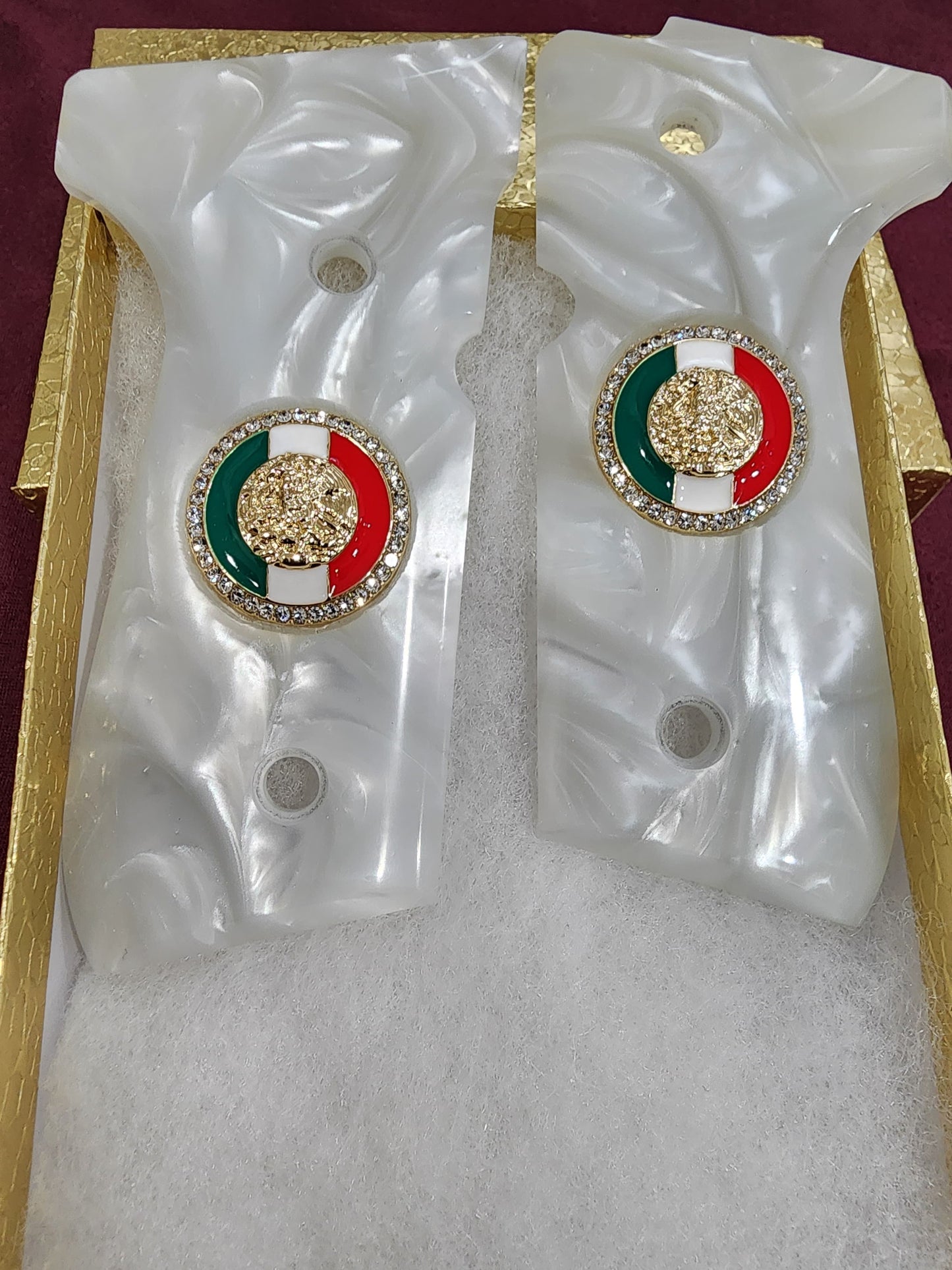 Beretta engraved Mexican Flag 24k Gold Plated Inlayed CZ stones Grips  White Pearl Grips 92 Fs 96 Fs M9