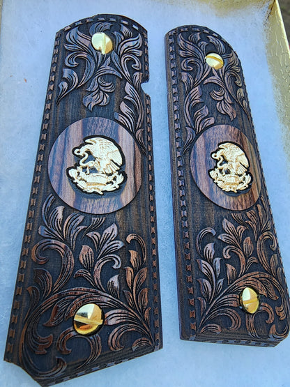Custom Engraved 1911 Pistol Grips Mexican Eagle Medallion Walnut Wood Gold Plated Screws