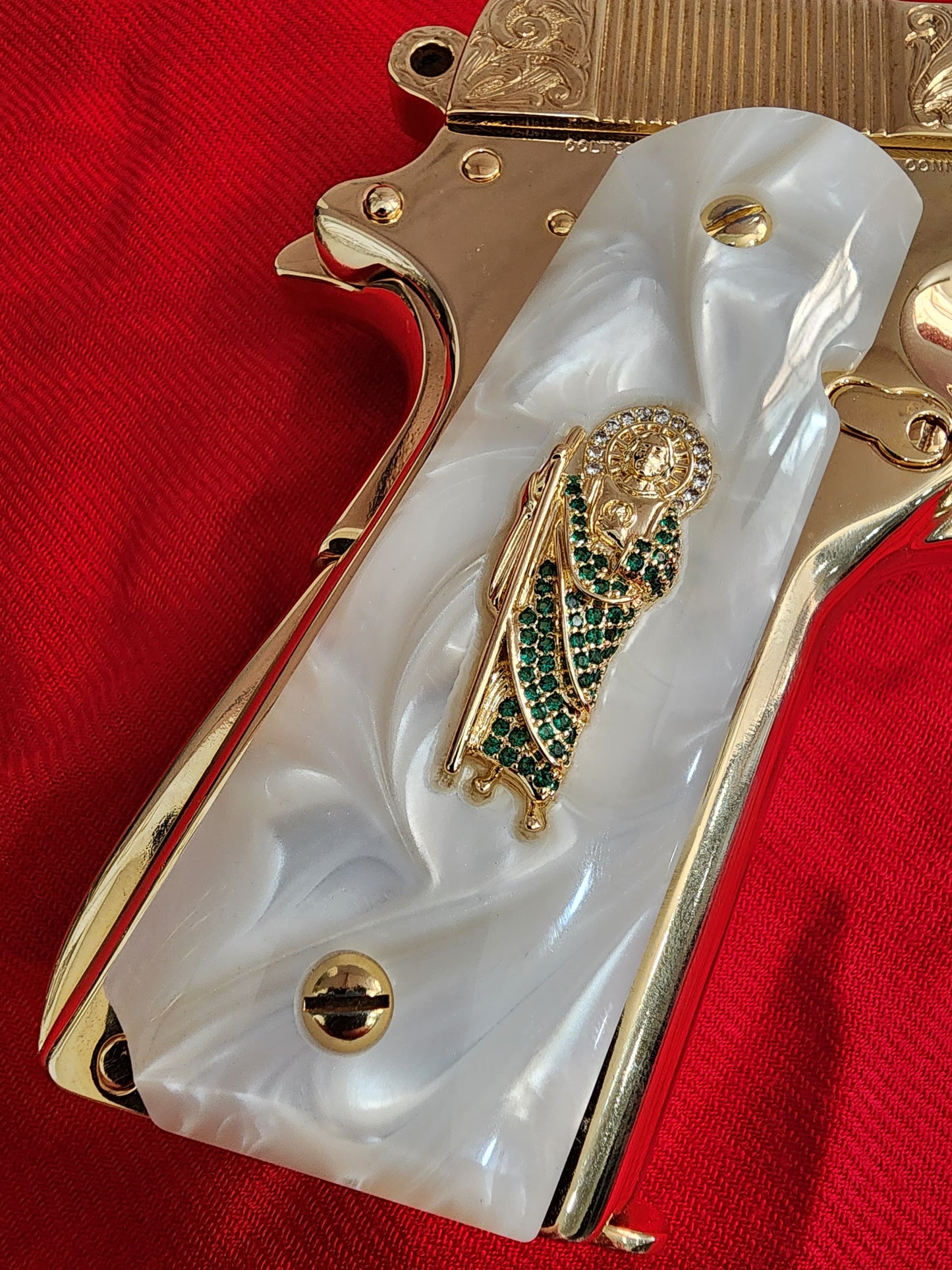 1911 Pearl Grips San Judas cz stones inlayed 24k Gold Plated 45 acp 38 Super