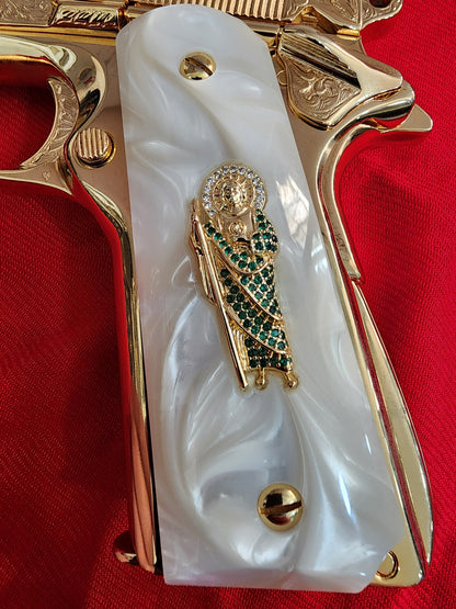 1911 Pearl Grips San Judas cz stones inlayed 24k Gold Plated 45 acp 38 Super