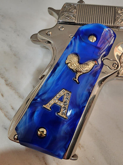 1911 Royal Blue Swirl Pearl Grips Horse  “A” Letter Inlay with CZ Stones 24K Gold Plated Horse