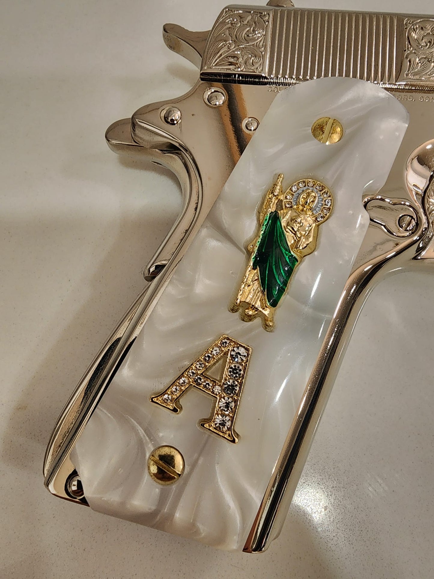 1911 White Pearlite San Judas Gold & Crystal “A” Grips – .45 ACP / .38 Super
 (Gold Plated Screws)