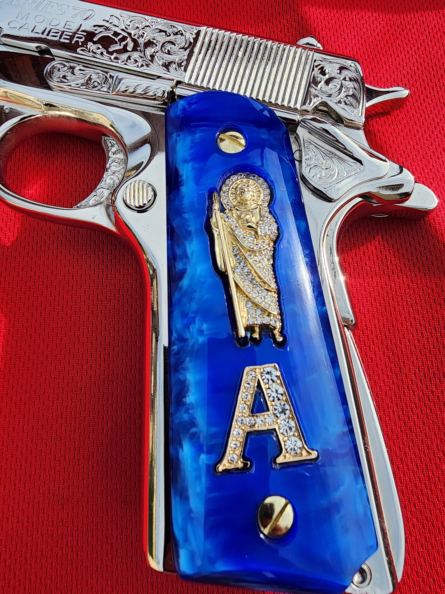 1911 Grips Royal Swirl Blue Pearlite with 24k Gold Plated San Judas and A letter (Gold Plated Screws)